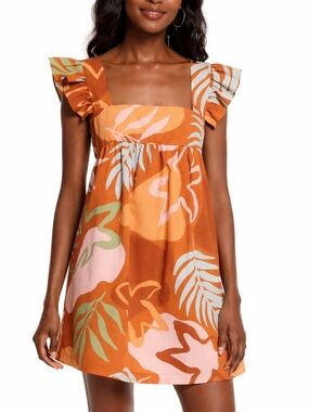 Open Edit Orange Tropical Mini Dress Medium Ruffle Strap Boho Beachy Summer